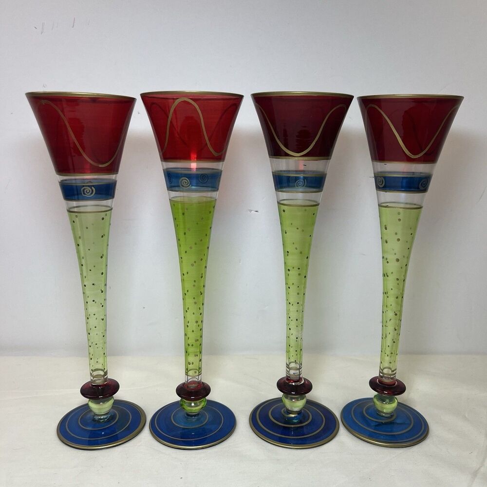 New 4 Pier 1 Imports Champagne Flute Red Blue Green Bands 10.5" Swirl Dot Gold